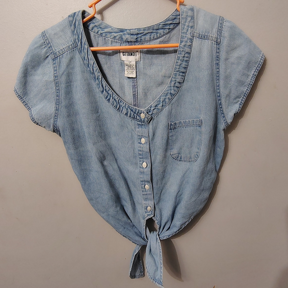 Gitano Vintage Denim Chambray Crop Tie Waist Shirt 90s 100% Cotton Womens L